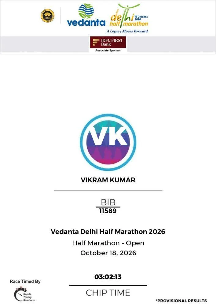 Race certificate: Vikram Kumar, bib 11589, Vedanta Delhi Half Marathon 2026, half marathon, 18 October 2026, chip time 3:02:13