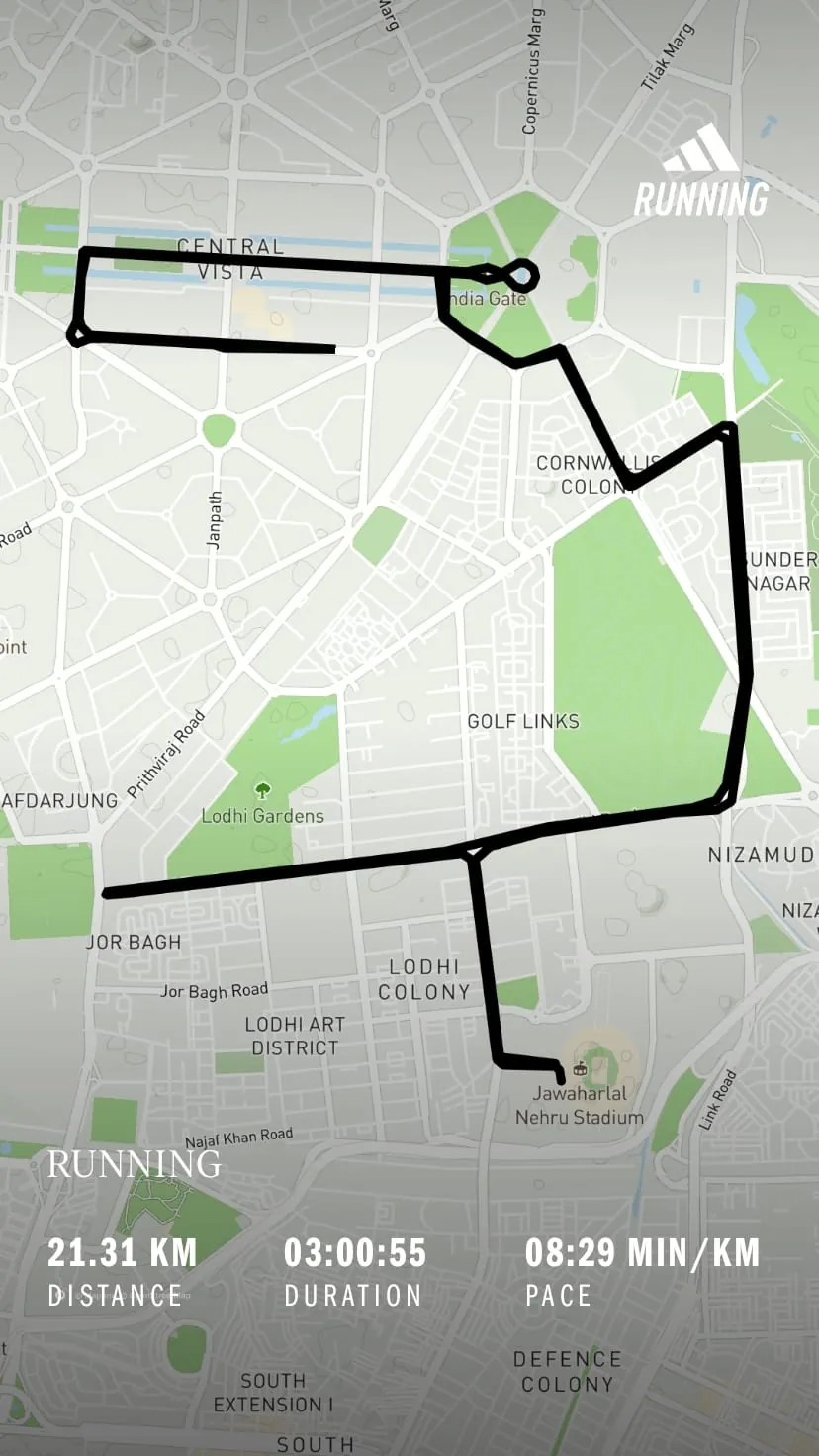Race route map through central Delhi with the run summary: 21.31 km in 3:00:55 at 8:29 min/km