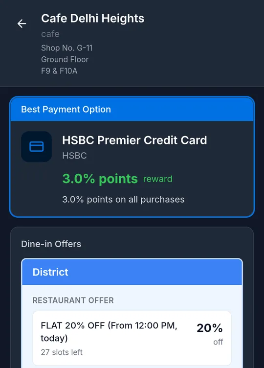 PayWise screen recommending the HSBC Premier Credit Card for 3% reward points at Cafe Delhi Heights, with a 20% dine-in offer