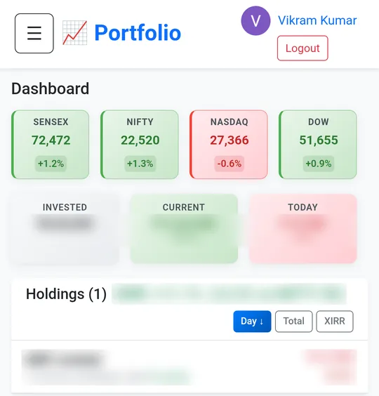 Stock Portfolio dashboard showing market indices, invested and current value, XIRR and holdings